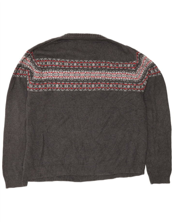 CHAPS Mens Crew Neck Jumper Sweater XL Grey Fair Isle Cotton