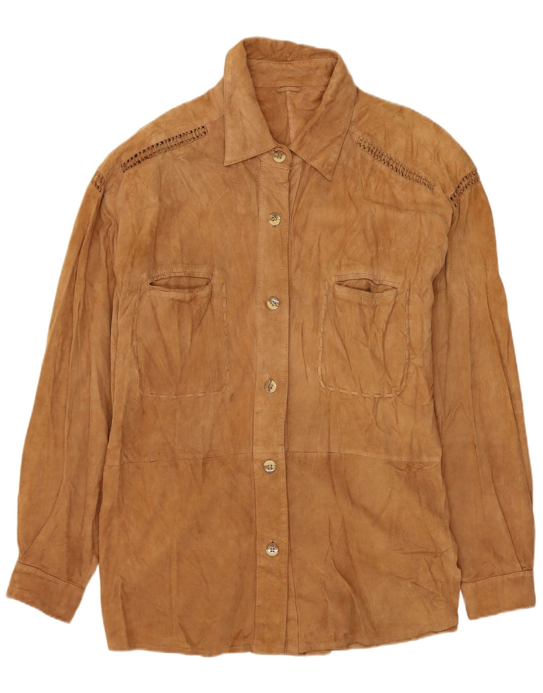 Винтажная женская замшевая рубашка UK 14, кожа среднего бежевого цвета