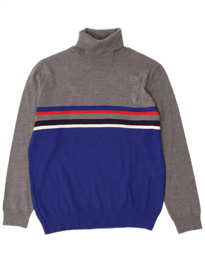 Винтажный мужской джемпер с высоким воротником XL, серый акрил с цветными блоками