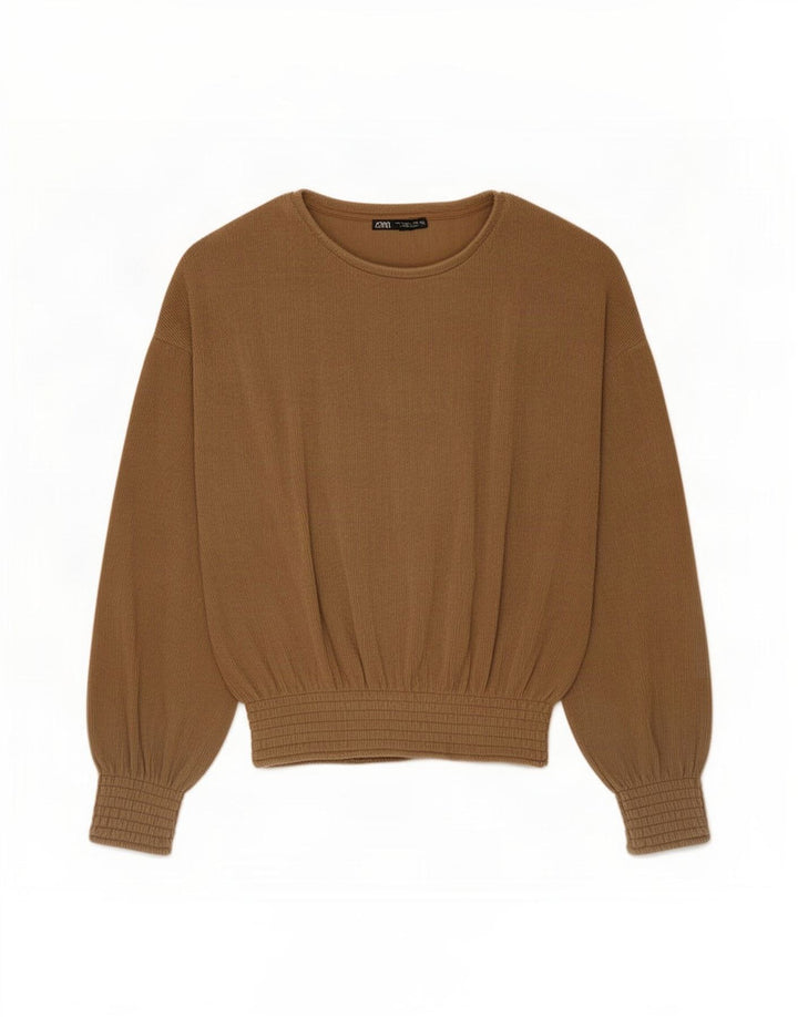 Женский оверсайз-топ Zara UK 10 с длинным рукавом, маленький коричневый полиэстер