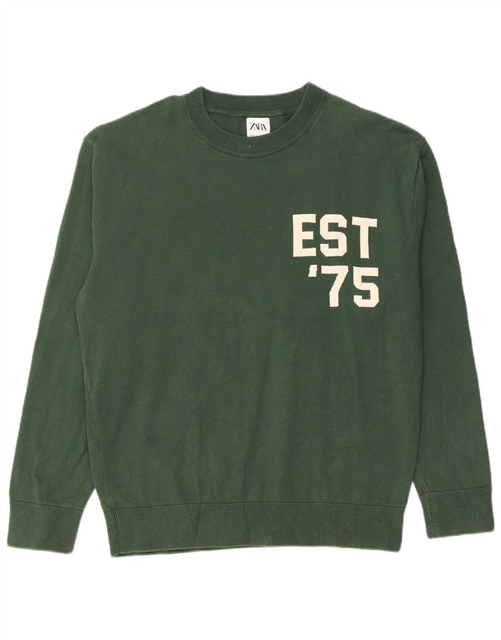 ZARA Mens Graphic Crew Neck Jumper Sweater Medium Green Cotton