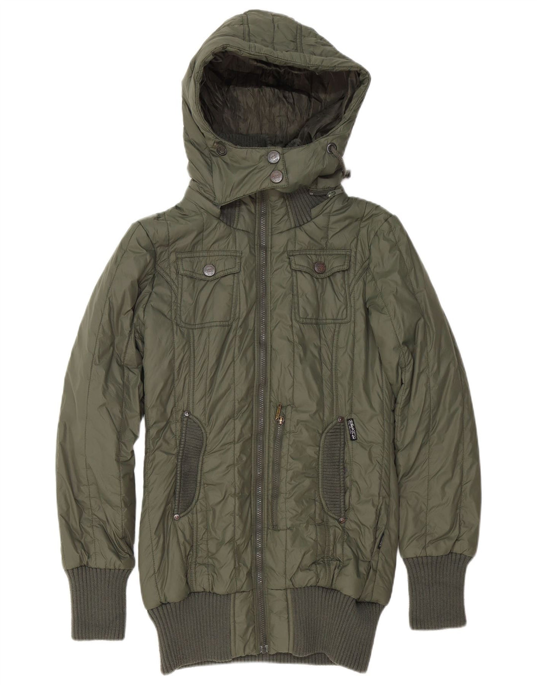 KHUJO Женская стеганая куртка с капюшоном UK 14, большой зеленый полиэстер