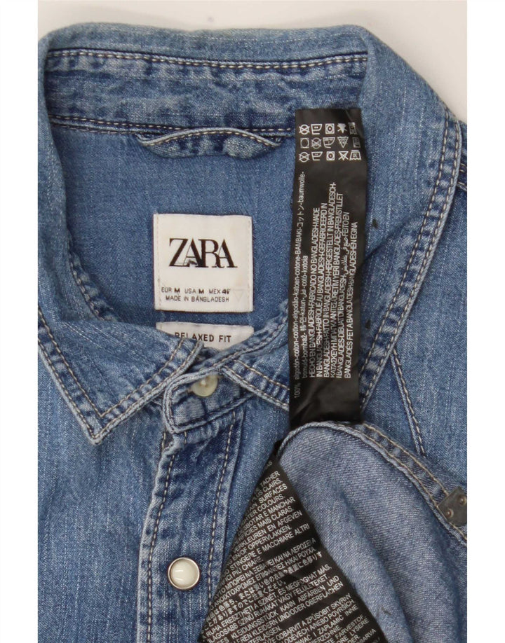 Мужская джинсовая рубашка свободного кроя Zara из хлопка среднего синего цвета