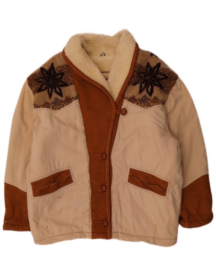 Винтажная женская куртка оверсайз из шерпы, Великобритания, 18 XL, бежевый полиэстер с жаккардовым узором