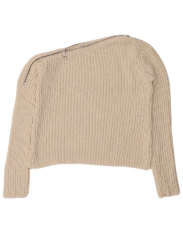 Женский укороченный джемпер с вырезом лодочкой ZARA UK 12, средний цвет: белый, полиэстер