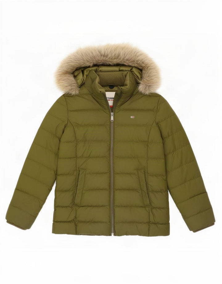 Tommy Hilfiger Женская стеганая куртка с капюшоном UK 10, маленький цвет хаки, полиэстер