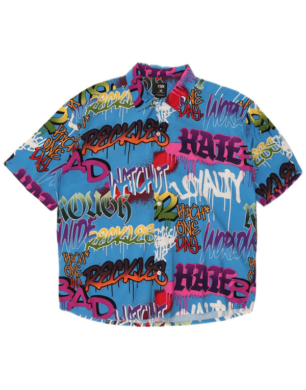 Мужская рубашка оверсайз с коротким рукавом VINTAGE, маленькая синяя, с цветными блоками