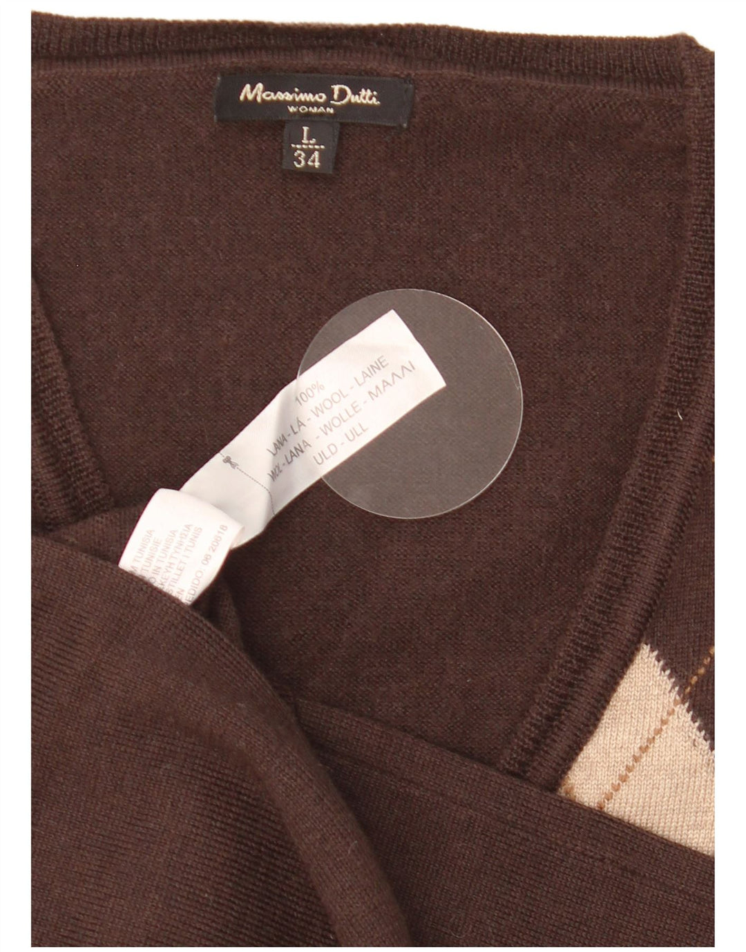 Женский джемпер с v-образным вырезом Massimo Dutti UK 14, большой коричневый с узором аргайл/бриллиант