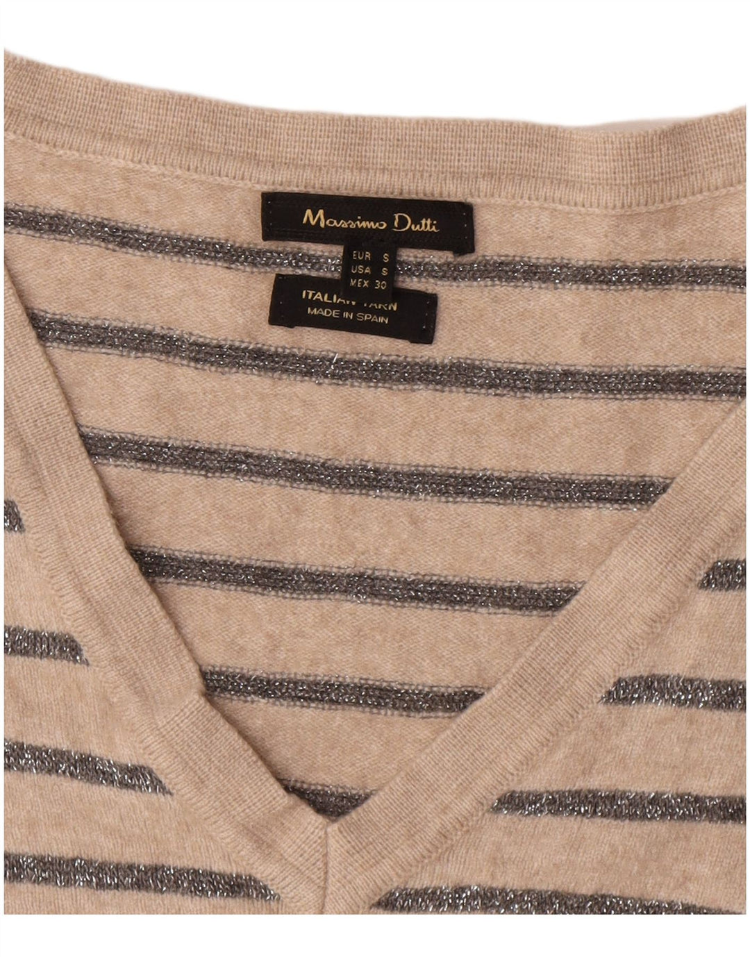 Женский джемпер с v-образным вырезом Massimo Dutti UK 10, маленький бежевый в полоску