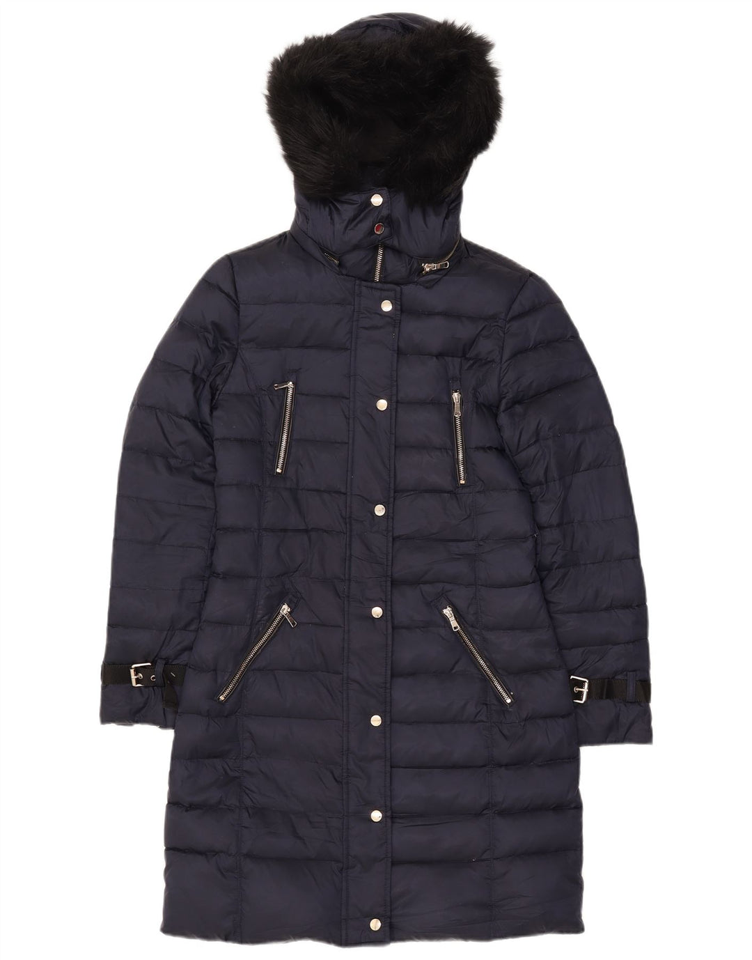 Женское стеганое пальто с капюшоном Zara UK 10, маленький размер, темно-синий, полиэстер