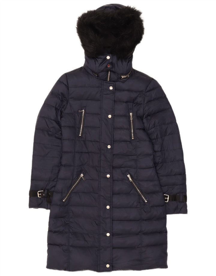 Женское стеганое пальто с капюшоном Zara UK 10, маленький размер, темно-синий, полиэстер