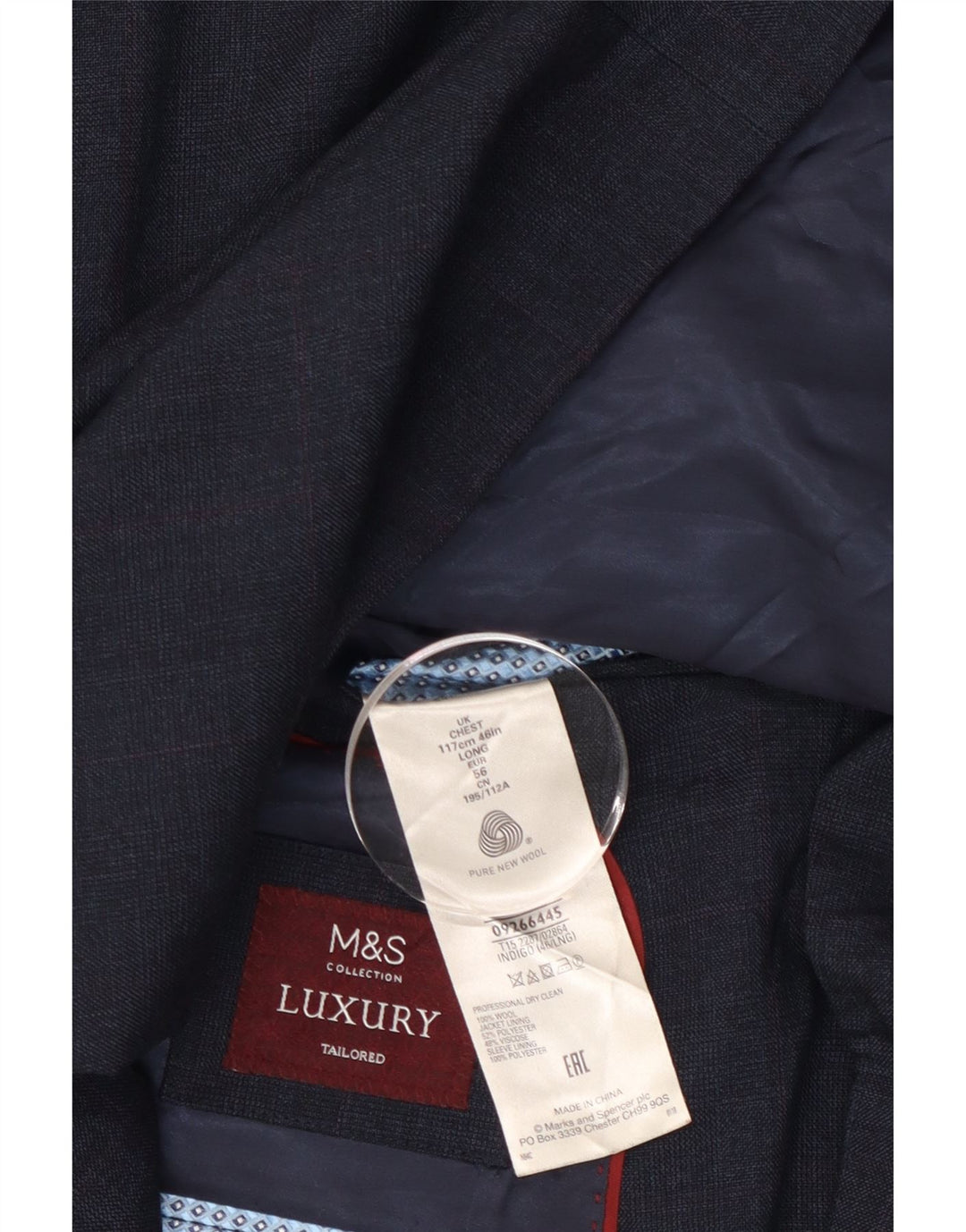 Мужской длинный пиджак на двух пуговицах MARKS & SPENCER EU 56 3XL, темно-синий, шерстяной