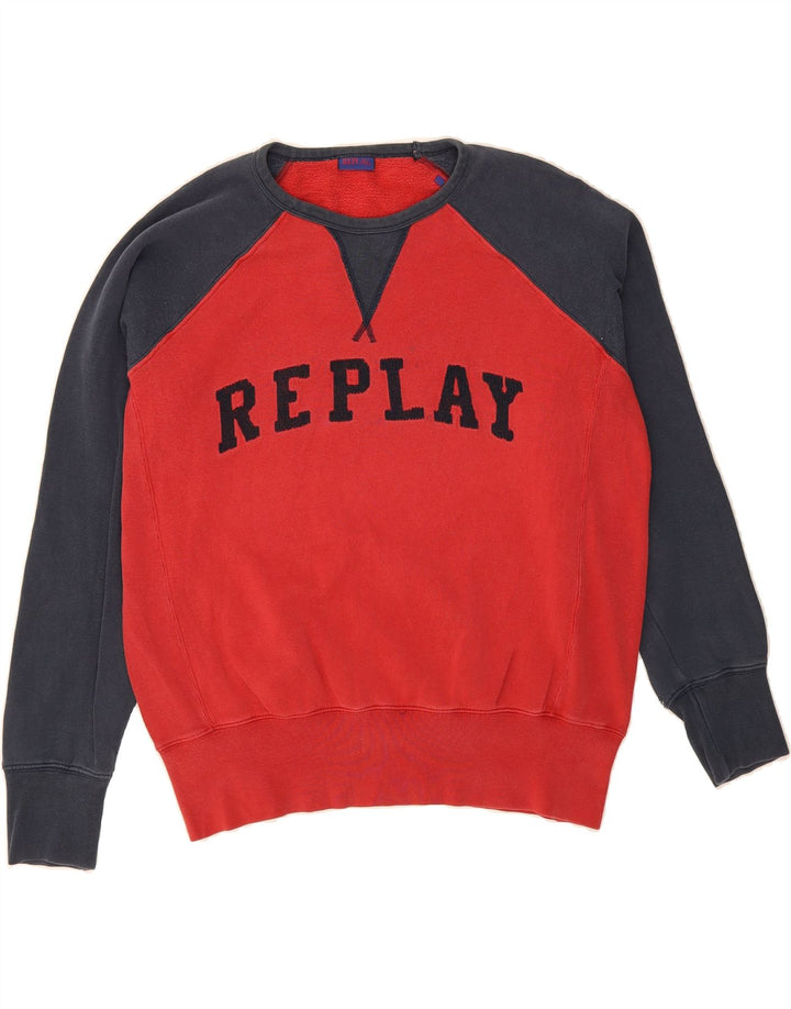 REPLAY Mens Graphic Sweatshirt Jumper Large Red Colourblock Cotton Vintage Replay and Second-Hand Replay from Messina Hembry 