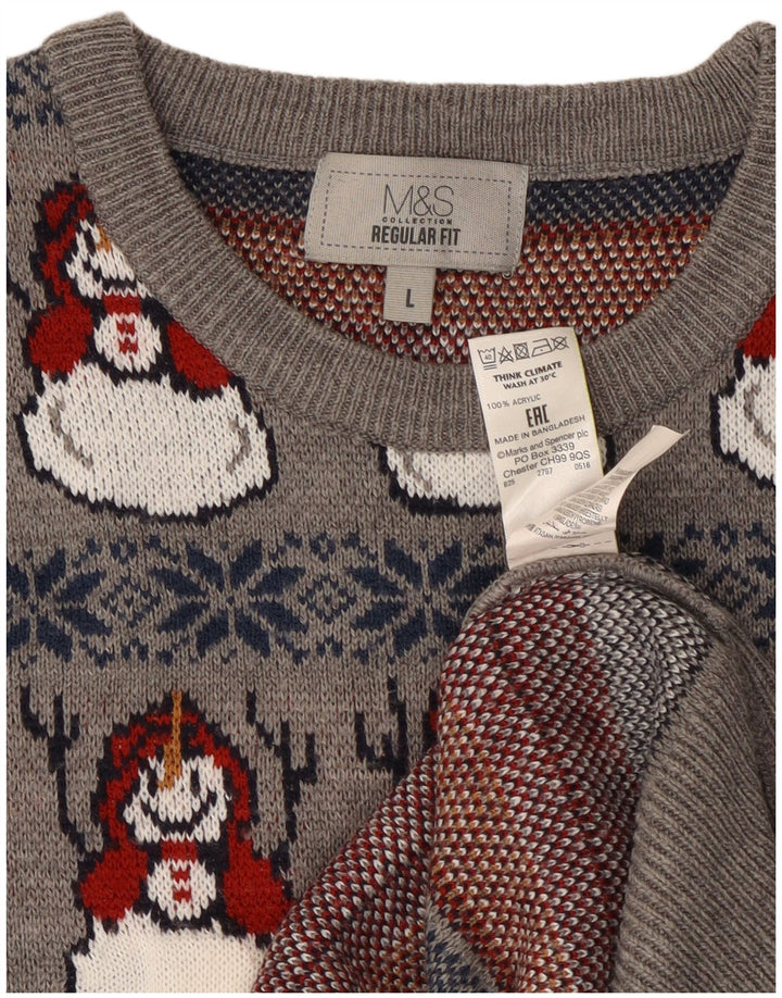 Мужской джемпер с круглым вырезом Marks & Spencer, большой серый рождественский свитер