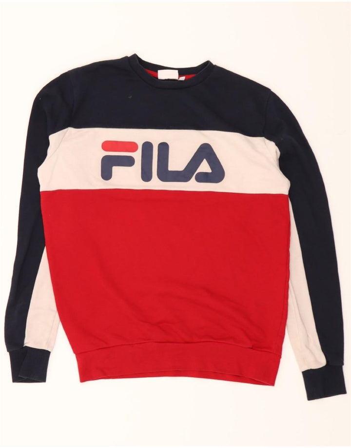 FILA Mens Graphic Sweatshirt Jumper Small Red Colourblock Cotton Vintage Fila and Second-Hand Fila from Messina Hembry 