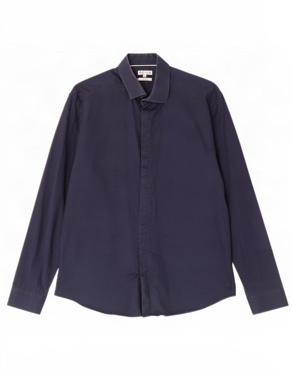 Reiss Mens Slim Fit Shirt XL Navy Blue Cotton