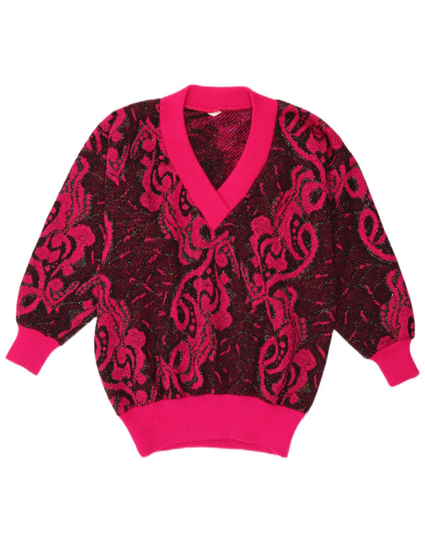 Vintage Womens V-Neck Jumper Sweater UK 16 Large Pink Paisley Polyacrylic