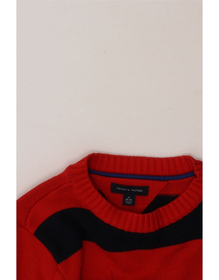 TOMMY HILFIGER Boys Crew Neck Jumper Sweater 8-9 Years Medium  Red Striped Vintage Tommy Hilfiger and Second-Hand Tommy Hilfiger from Messina Hembry 