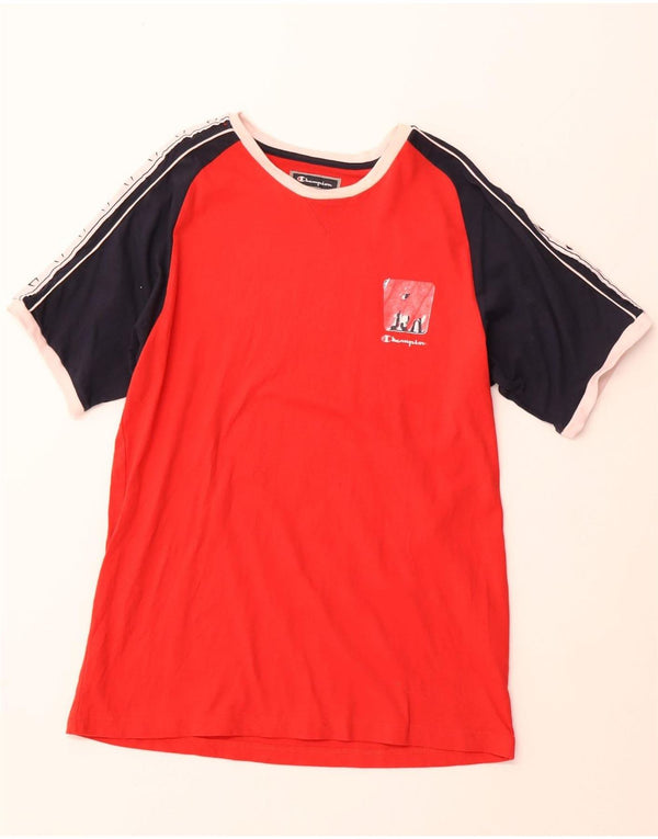 Мужская футболка с рисунком CHAMPION, топ 2XL, красный хлопок с цветными блоками