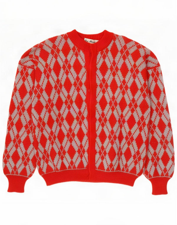 Vintage Mens Cardigan Sweater Medium Red Argyle/Diamond