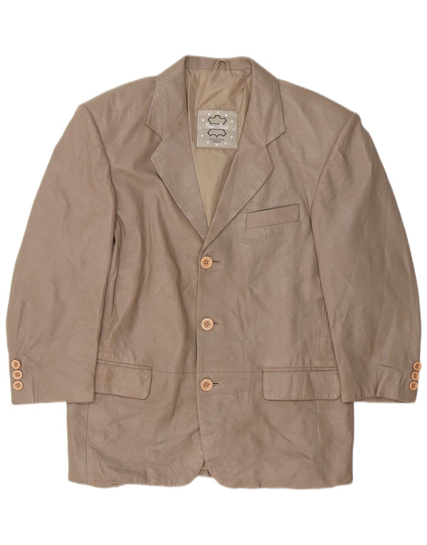 ВИНТАЖНЫЙ женский кожаный пиджак на 3 пуговицах, Великобритания 16, большой серый кожаный