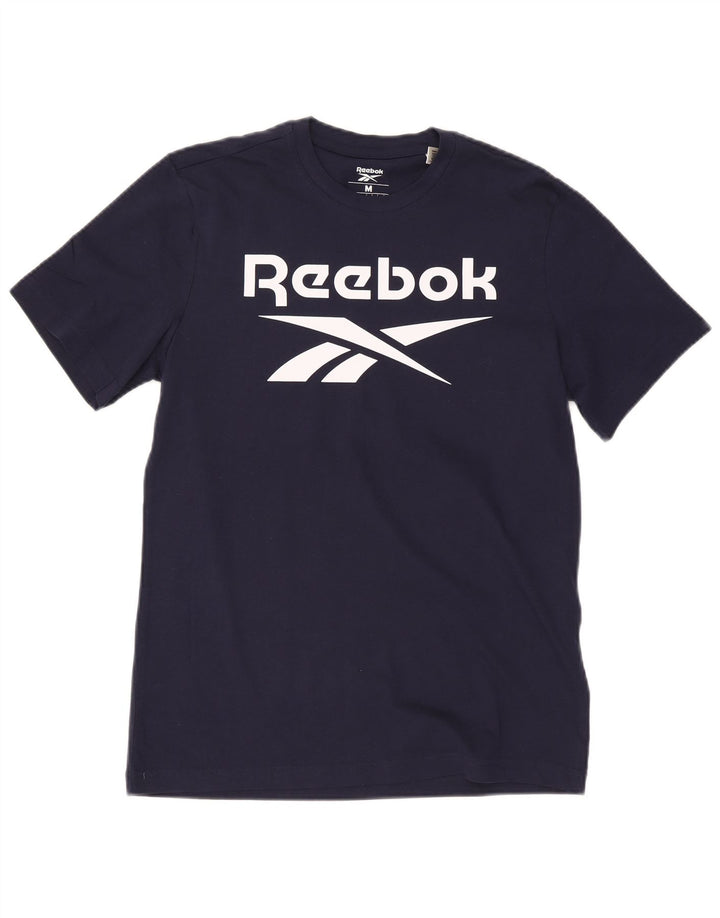 Мужская футболка Reebok с рисунком, темно-синий, хлопковый топ среднего размера