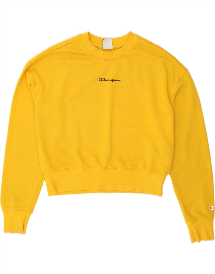 CHAMPION Womens Crop Sweatshirt Jumper UK 14 Medium Yellow Cotton Vintage Champion and Second-Hand Champion from Messina Hembry 