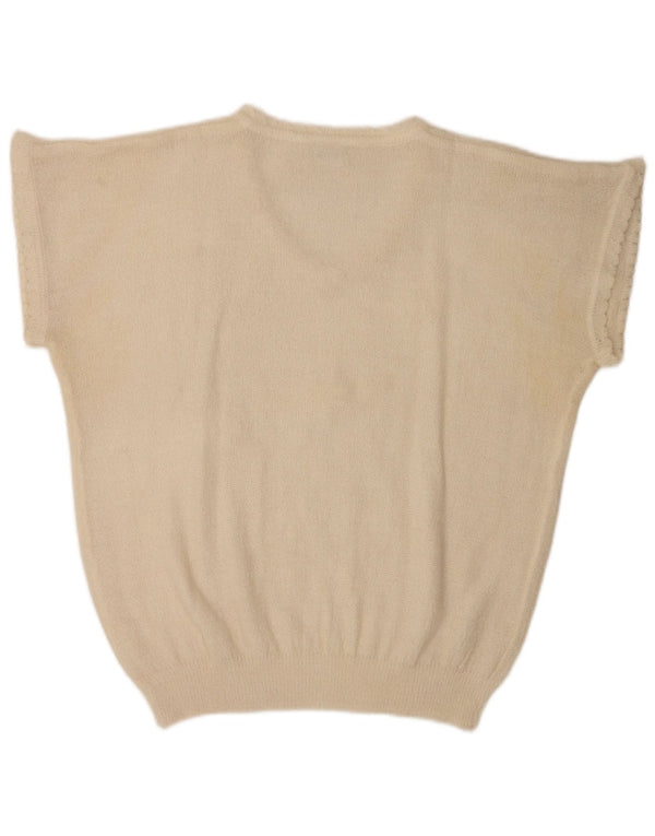 Винтажная женская блузка с коротким рукавом, топ UK 20, 2XL, белый полиакрил с цветочным принтом