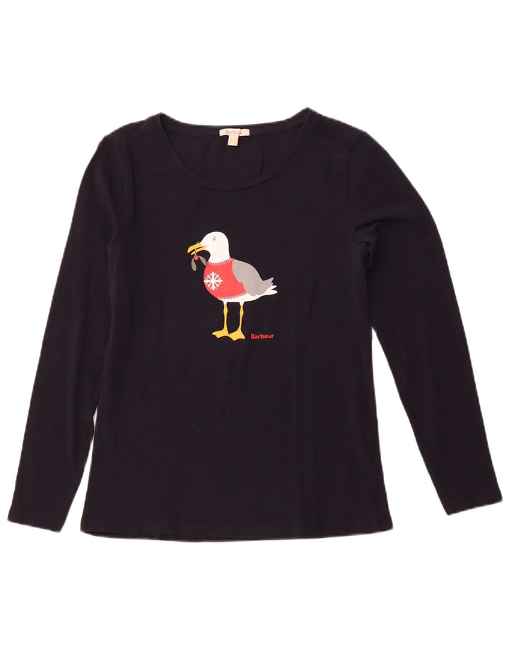 BARBOUR Женский топ с длинным рукавом с рисунком, Великобритания, 10 маленьких размеров, темно-синий, рождественский