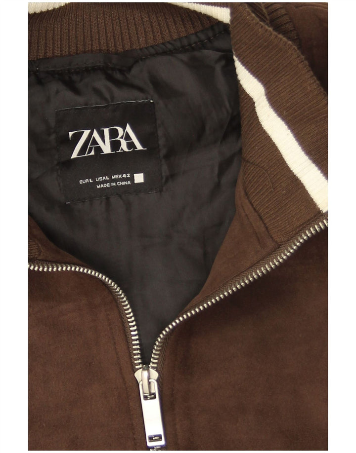 Мужской бомбер Zara UK 40 из искусственной замши, большой коричневый полиэстер