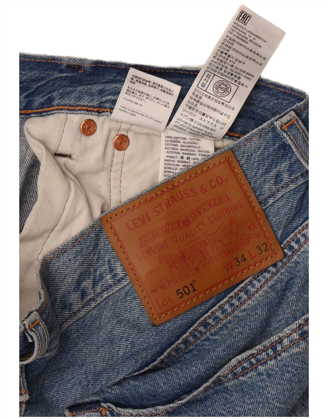 Мужские прямые джинсы LEVI'S 501 W34 L29 синие, хлопок