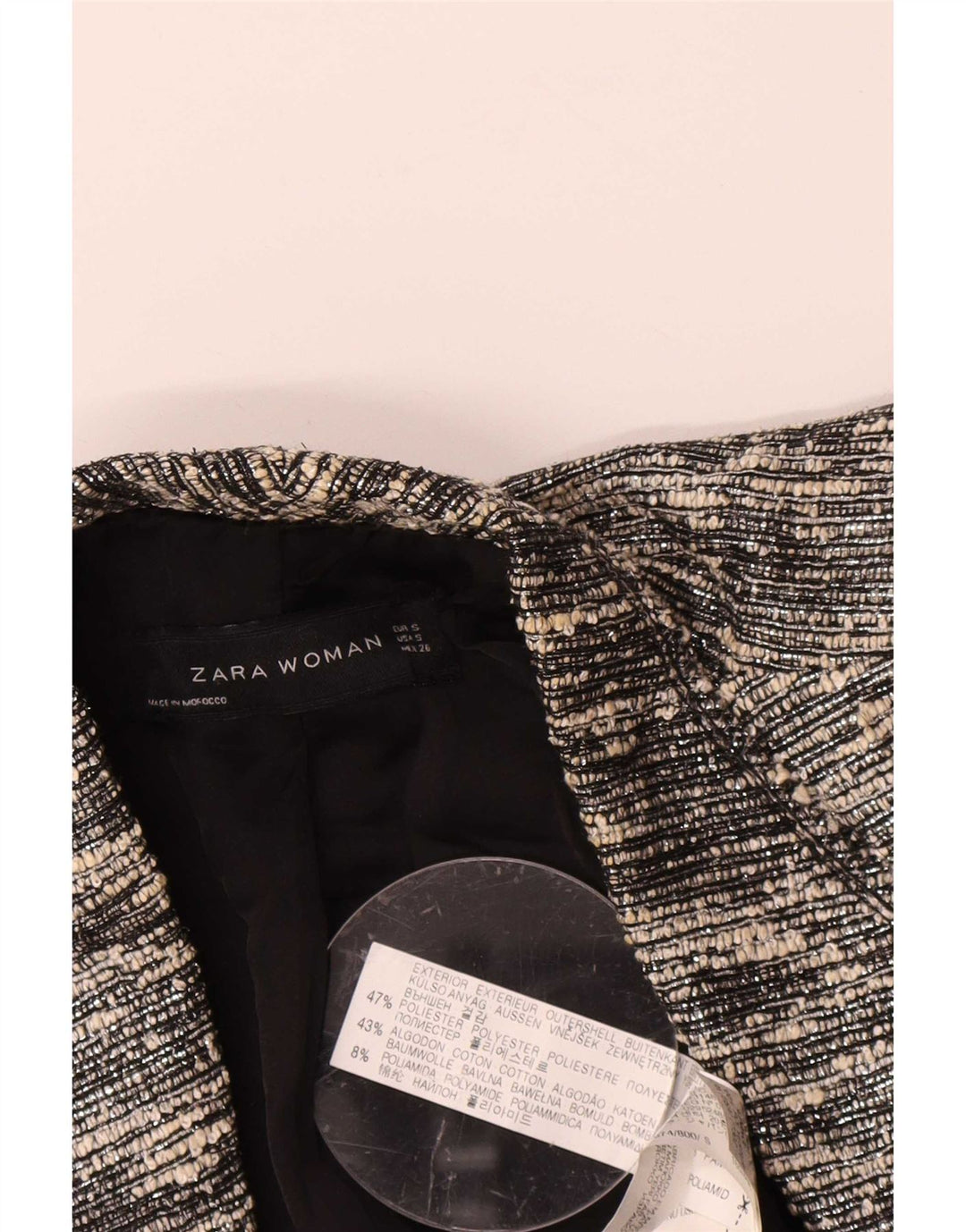 Женский укороченный открытый пиджак Zara UK 10, маленький черный полиэстер с крапинками