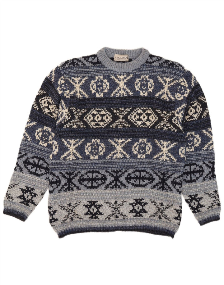 Винтажный мужской джемпер с круглым вырезом IT 48, средний синий, шерсть Fair Isle