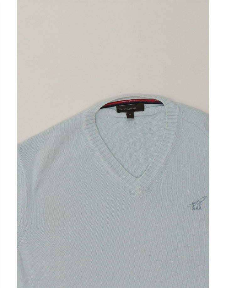 HENRY COTTONS Mens V-Neck Jumper Sweater Medium Blue Cotton Vintage Henry Cottons and Second-Hand Henry Cottons from Messina Hembry 