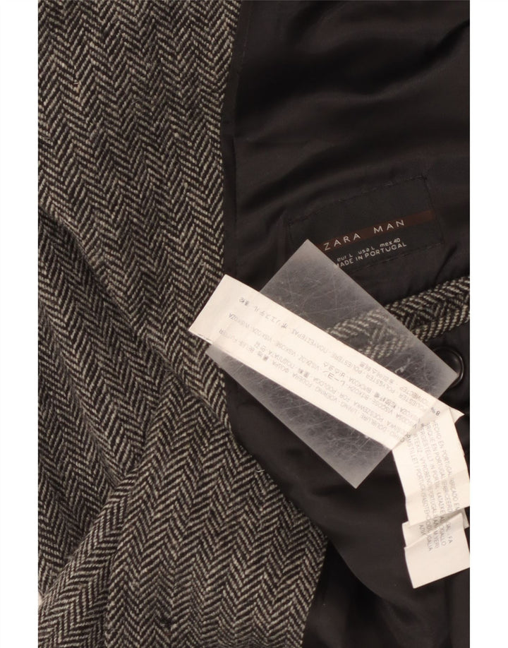 Мужское удлиненное пальто классического кроя Zara UK 40, большое серое с рисунком «елочка»
