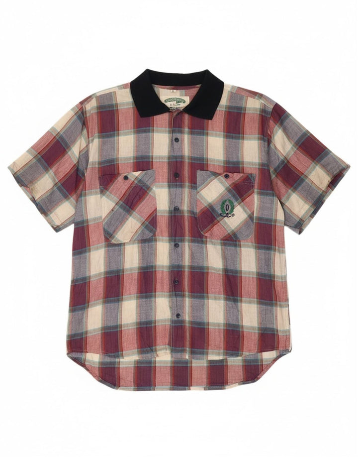 Винтажная мужская рубашка с коротким рукавом, большая разноцветная клетка, хлопок