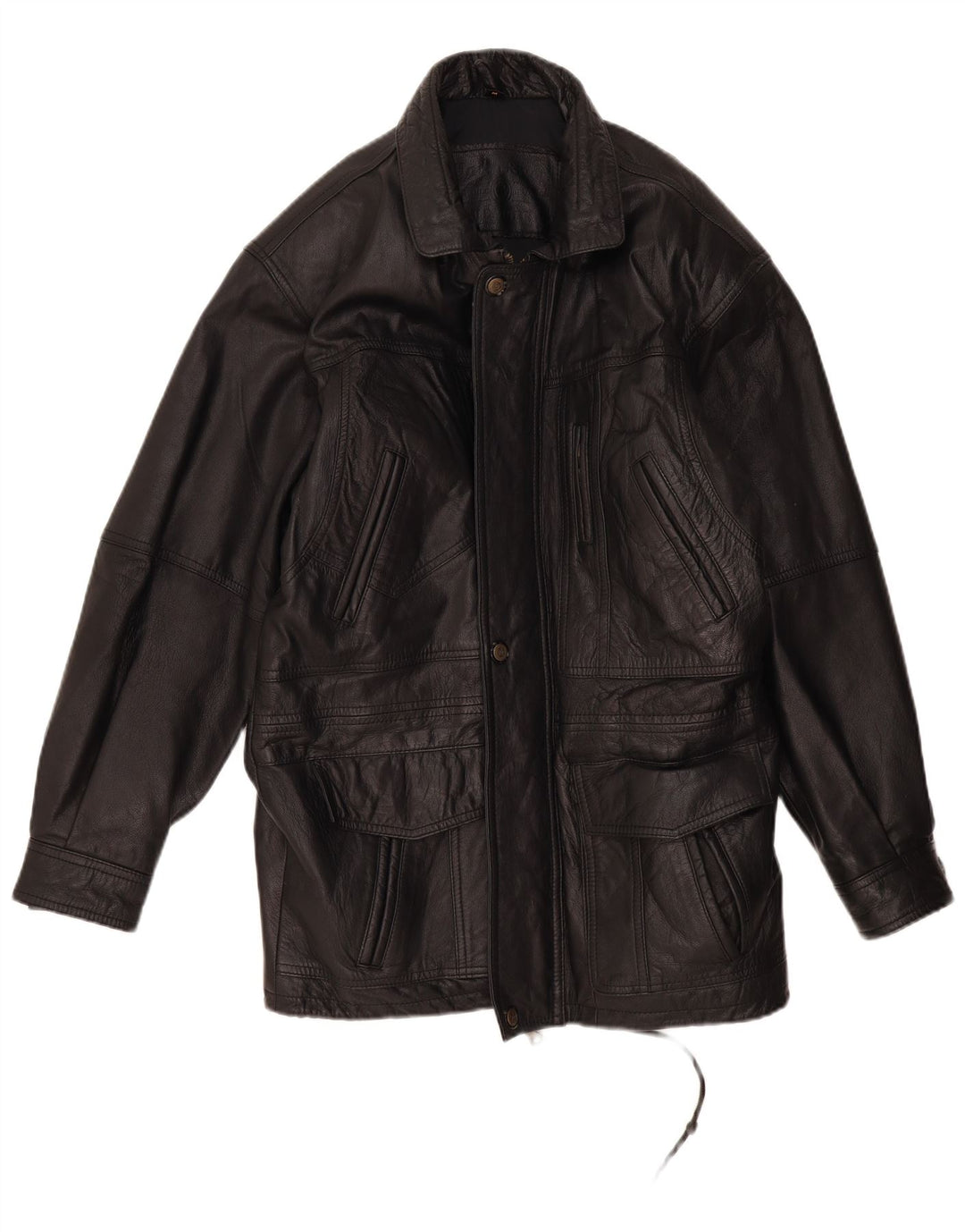 Винтажное мужское кожаное пальто UK 38, среднее черное кожаное