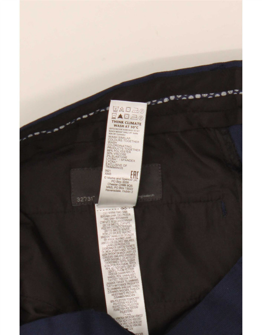 Мужские прямые костюмные брюки Marks & Spencer W32 L31 темно-синие из полиэстера