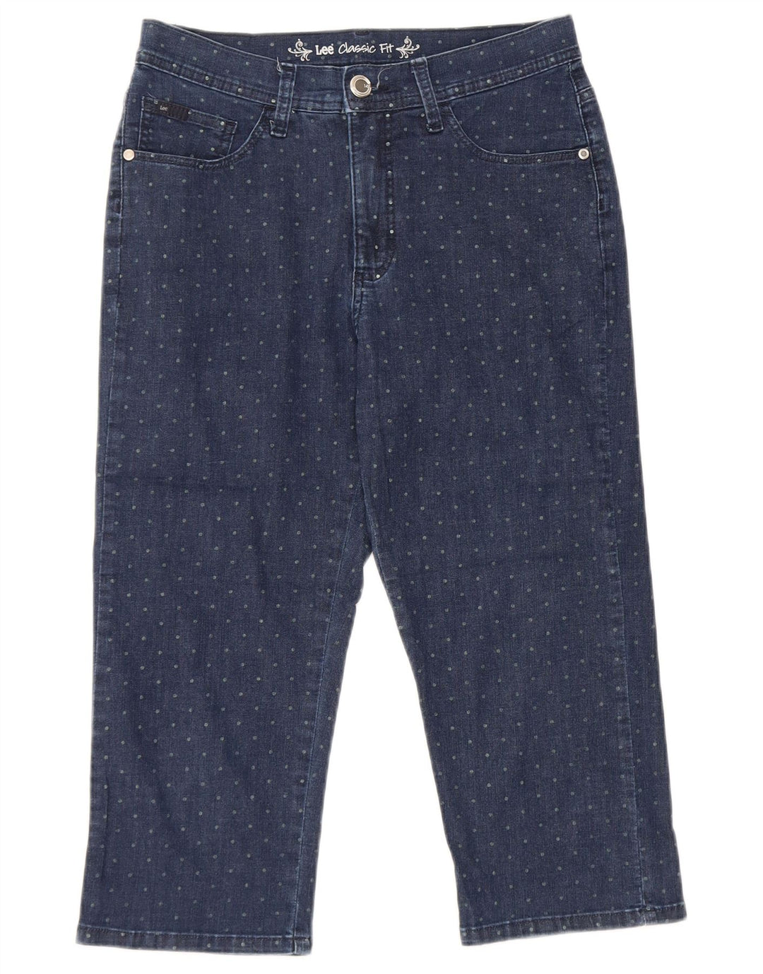Женские джинсы-капри классического кроя LEE США 6, средние W28 L19, темно-синие в пятнистый цвет