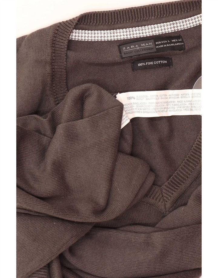 Мужской джемпер с v-образным вырезом Zara, большой серый хлопковый свитер