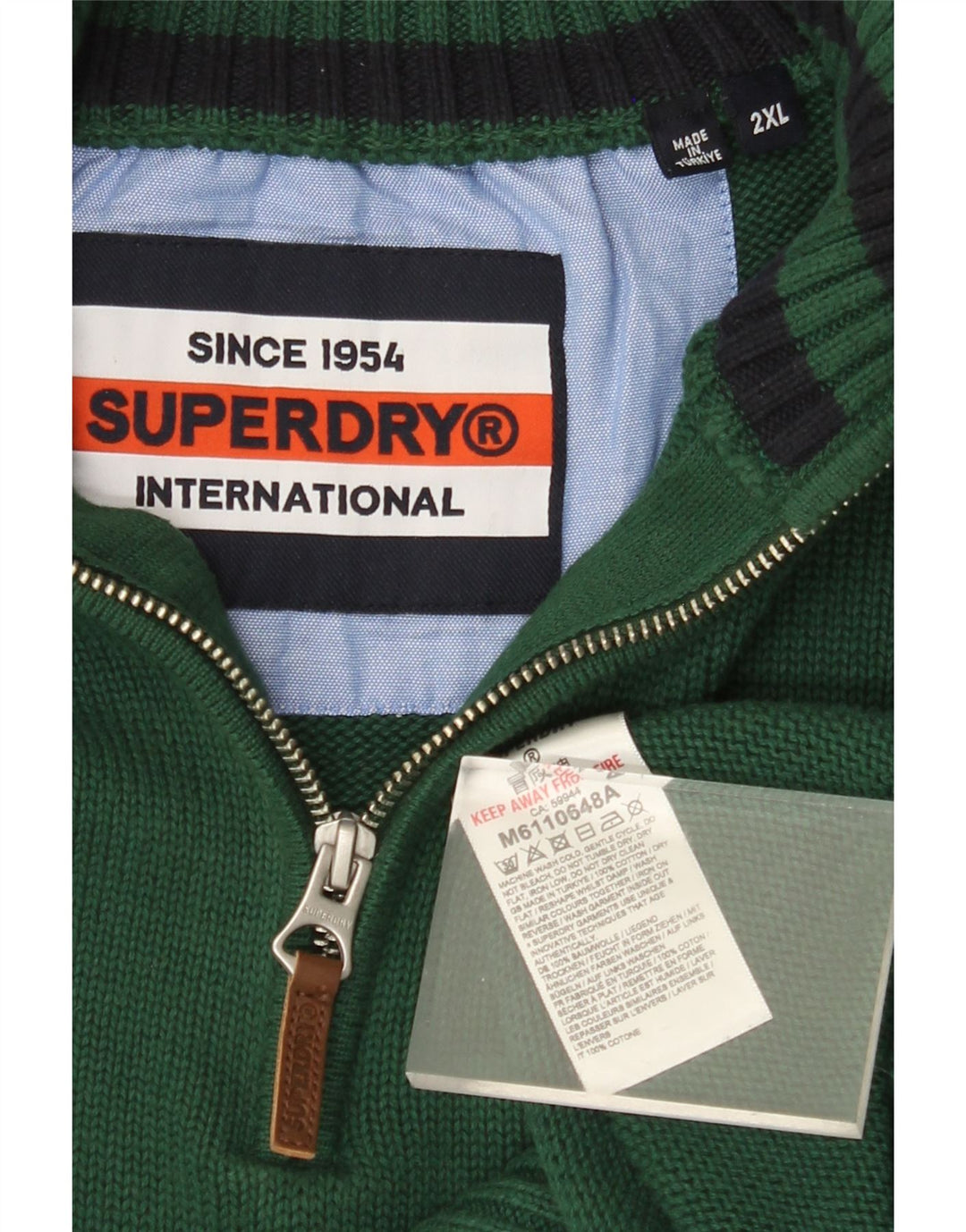 SUPERDRY Мужской свитер с воротником на молнии 2XL, зеленый хлопок