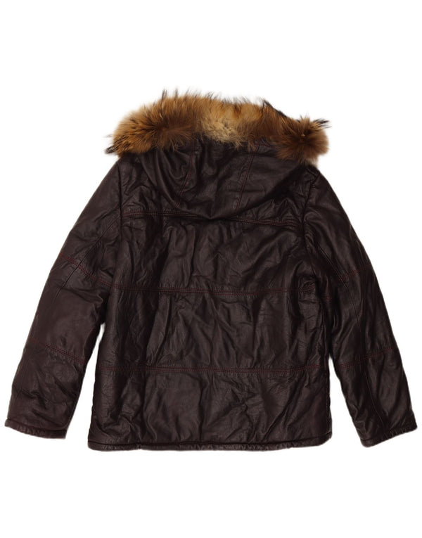 ВИНТАЖНАЯ женская кожаная куртка с капюшоном UK 16, большая темно-бордовая