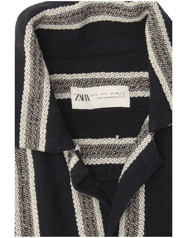 Мужская рубашка с коротким рукавом Zara, маленькая, темно-синяя, хлопковая полоска