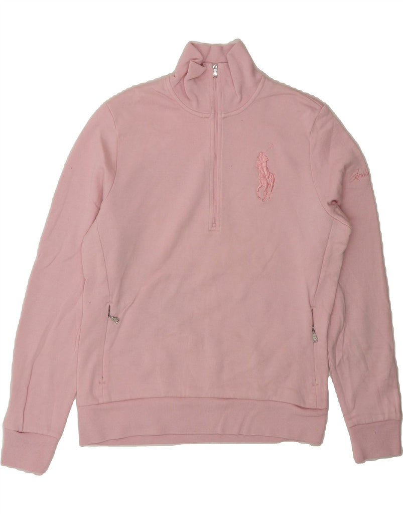 RALPH LAUREN Womens Graphic Zip Neck Sweatshirt Jumper UK 14 Large Pink Vintage Ralph Lauren and Second-Hand Ralph Lauren from Messina Hembry 