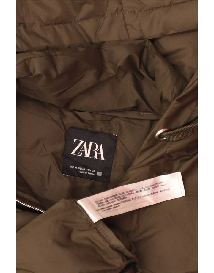 Женский удлиненный утепленный жилет с капюшоном Zara UK 14, средний цвет хаки, полиэстер