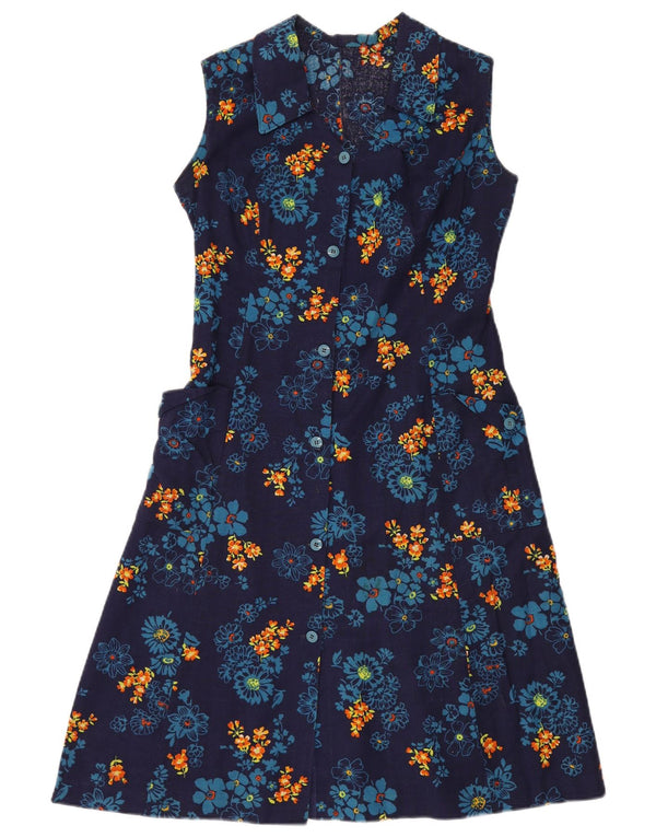 ВИНТАЖНОЕ женское платье А-силуэта без рукавов UK 12, средний темно-синий с цветочным принтом