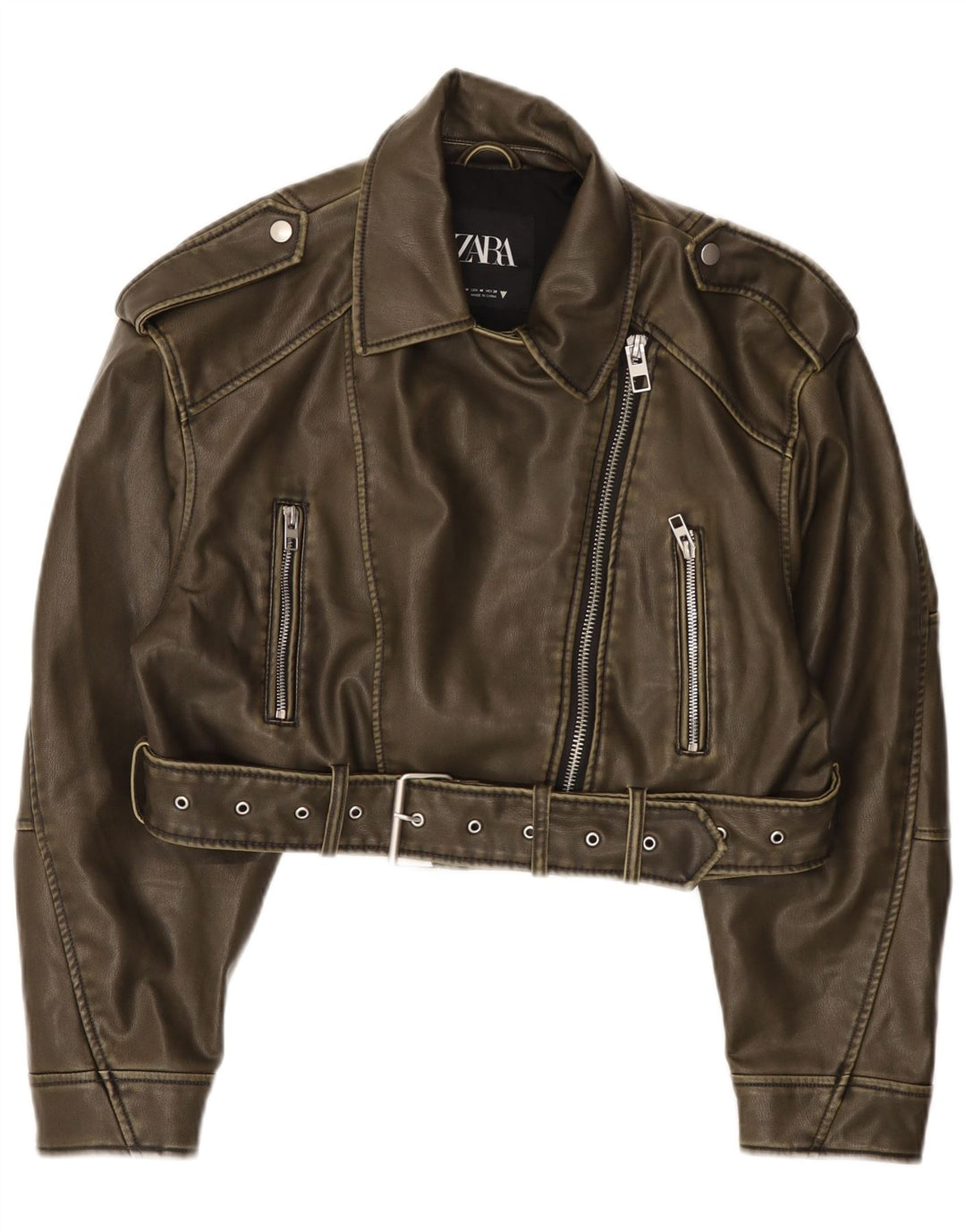Женская укороченная косуха из искусственной кожи Zara UK 14, полиэстер, средний зеленый цвет