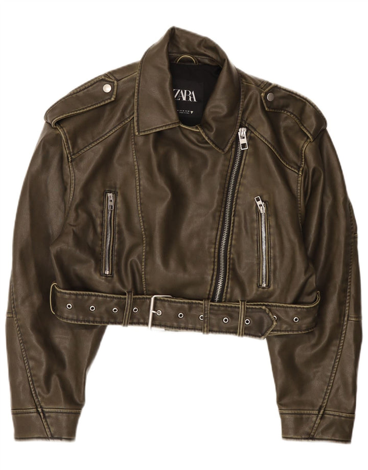 Женская укороченная косуха из искусственной кожи Zara UK 14, полиэстер, средний зеленый цвет