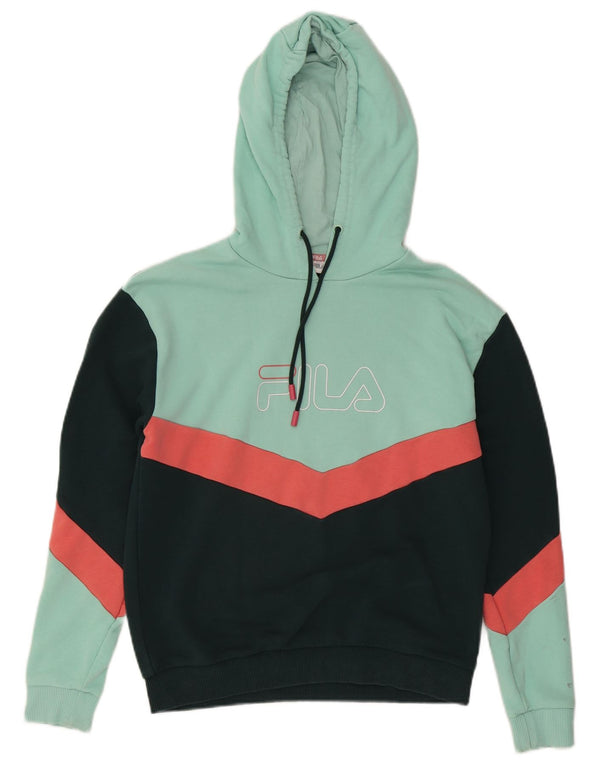 Женский джемпер с капюшоном Fila с графическим рисунком UK 14, средний бирюзовый, хлопок с цветными блоками