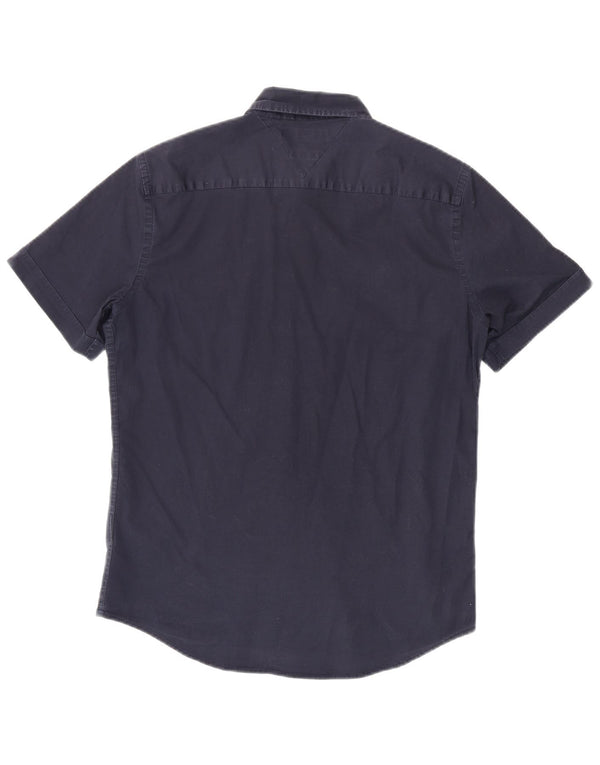 TOMMY HILFIGER Мужская приталенная рубашка с коротким рукавом, средний темно-синий хлопок